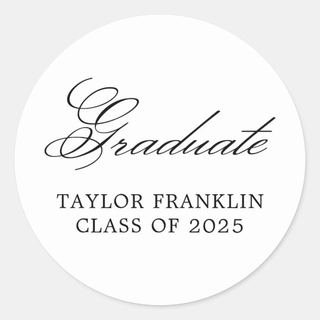 Elegant Classic Calligraphy Graduate Round Sticker (Front)