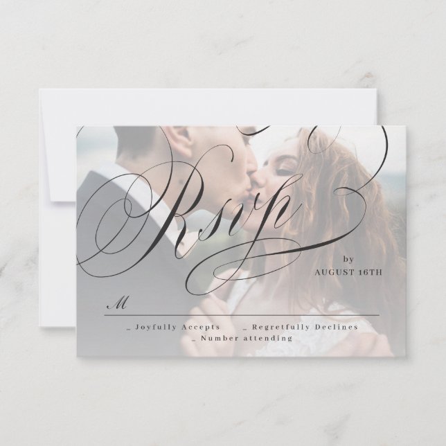 Elegant classic calligraphy photo wedding RSVP car (Front)