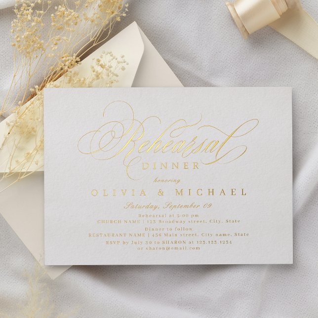 Elegant classic calligraphy rehearsal dinner (Elegant classic calligraphy rehearsal dinner foil invitation)