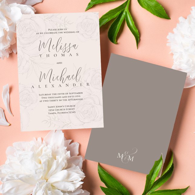 Elegant Classic Calligraphy Simple Blush Floral  Invitation (Elegant wedding invitations with blush floral pattern and taupe back.)