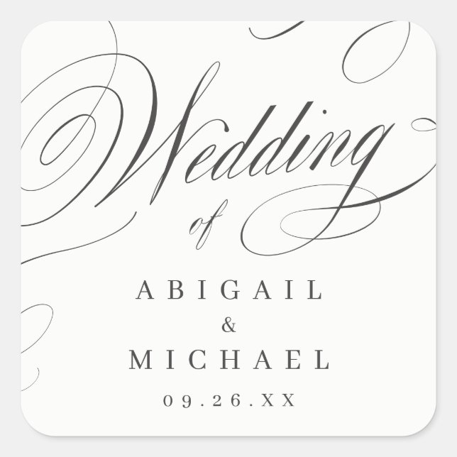 Elegant classic calligraphy vintage wedding favour square sticker (Front)