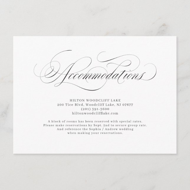 Elegant classic calligraphy wedding accommodations enclosure card (Front)