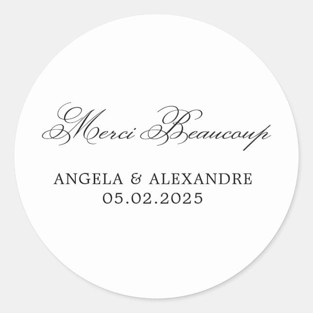 Elegant Classic Calligraphy Wedding Merci Beaucoup Classic Round Sticker (Front)