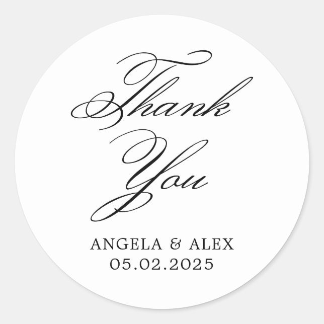 Elegant Classic Calligraphy Wedding Thank You 2 Classic Round Sticker (Front)