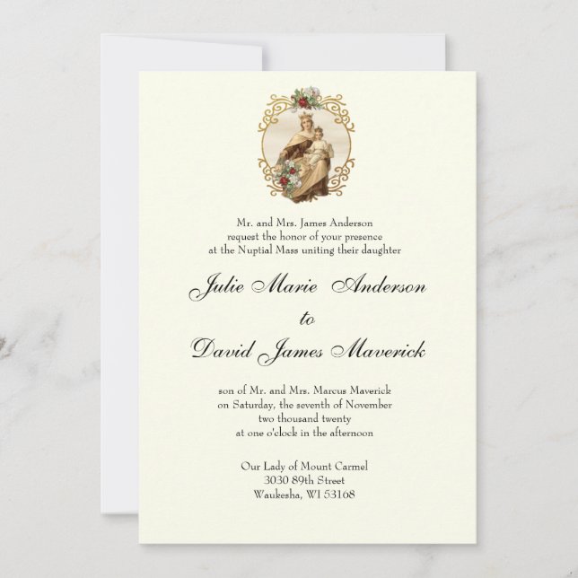 Elegant Classic Catholic Wedding Mount Carmel  Invitation (Front)