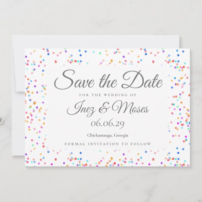 Elegant Classic Chic Rainbow Confetti Wedding Save The Date (Front)