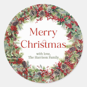 Elegant classic Christmas greenery holly berries Classic Round Sticker