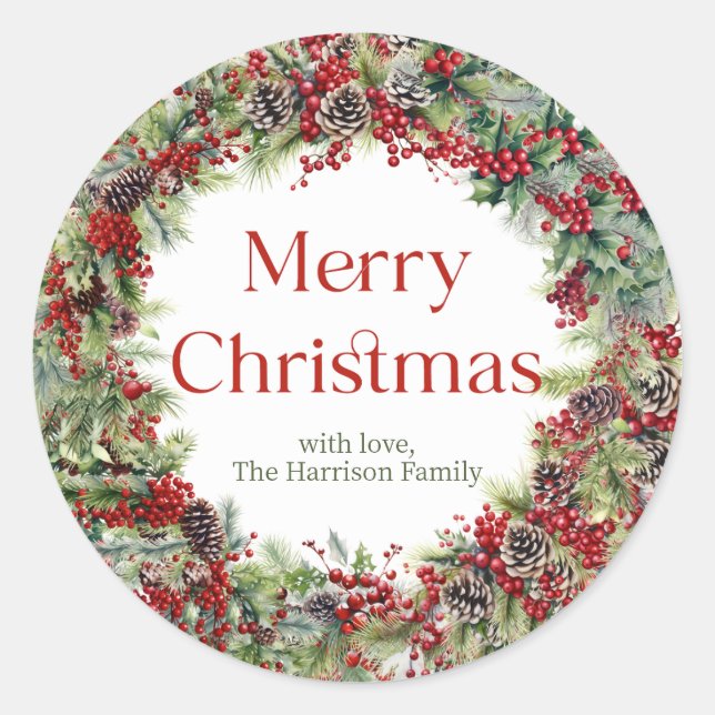Elegant classic Christmas greenery holly berries Classic Round Sticker (Front)