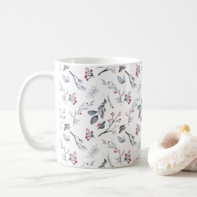 Elegant Classic Christmas Leaves and Berries Coffee Mug (With Donut)