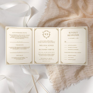 Elegant Classic Cream and Gold Monogram Wedding Tri-Fold Invitation