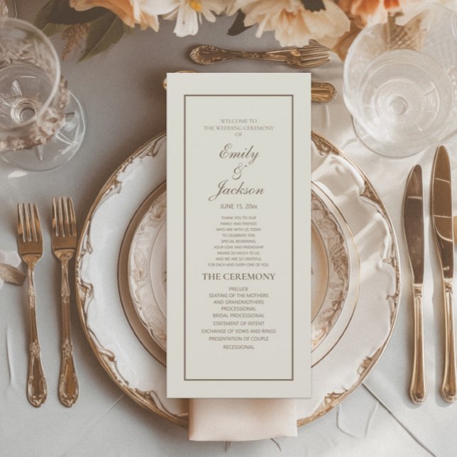 Elegant Classic Cream Brown Script Wedding Program Programme (Cream wedding menu with elegant brown text)