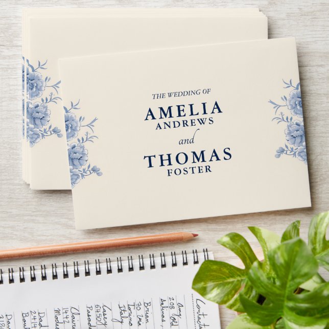 Elegant Classic Cream & French Blue Floral Wedding Envelope (Stacked)