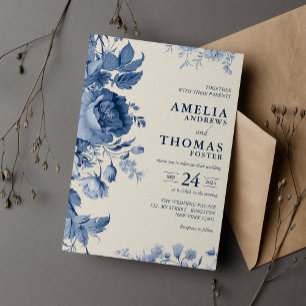 Elegant Classic Cream & French Blue Floral Wedding Invitation