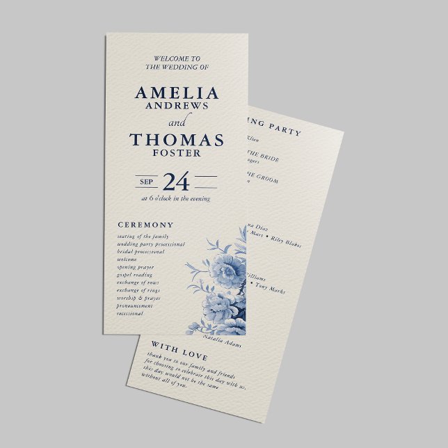 Elegant Classic Cream & French Blue Floral Wedding Programme (Creator Uploaded)