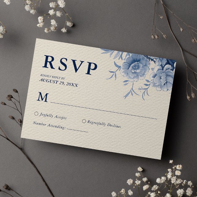 Elegant Classic Cream & French Blue Floral Wedding RSVP Card (Creator Uploaded)