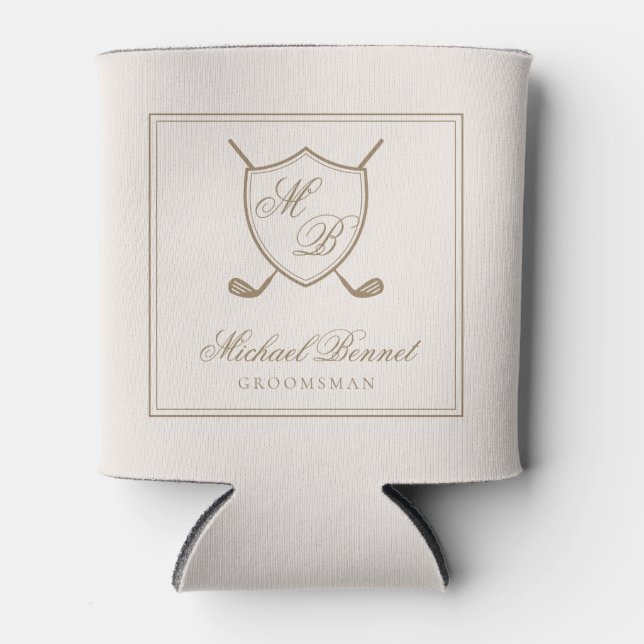 Elegant Classic Crest Monogram Golf Wedding Can Cooler (Front)