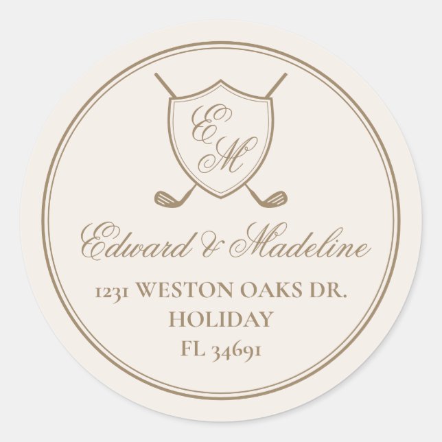Elegant Classic Crest Monogram Golf Wedding Classic Round Sticker (Front)
