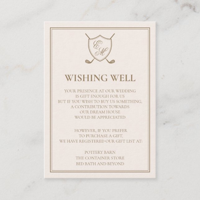 Elegant Classic Crest Monogram Golf Wedding Enclosure Card (Front)
