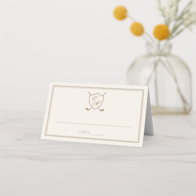 Elegant Classic Crest Monogram Golf Wedding Place Card (Front)