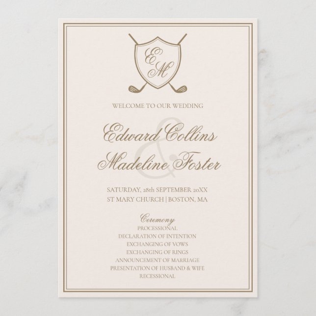 Elegant Classic Crest Monogram Golf Wedding Programme (Front)