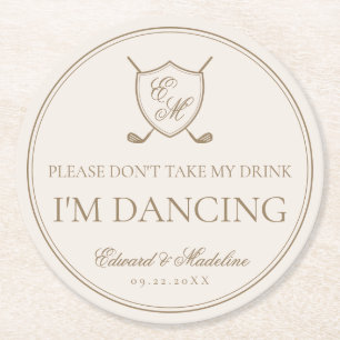 Elegant Classic Crest Monogram Golf Wedding Round Paper Coaster