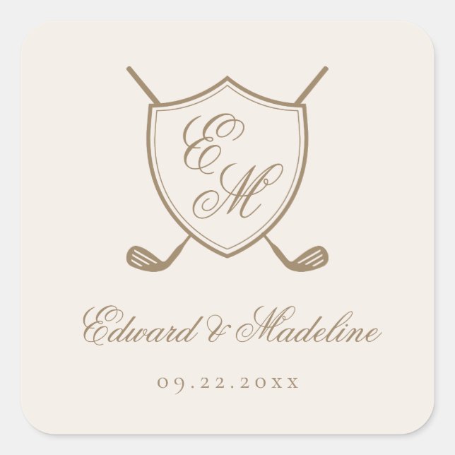 Elegant Classic Crest Monogram Golf Wedding Square Sticker (Front)