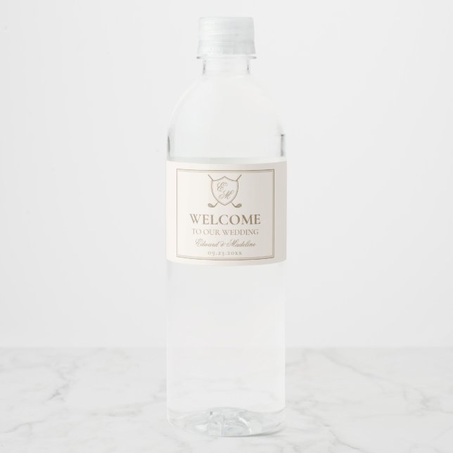 Elegant Classic Crest Monogram Golf Wedding Water Bottle Label (Front)