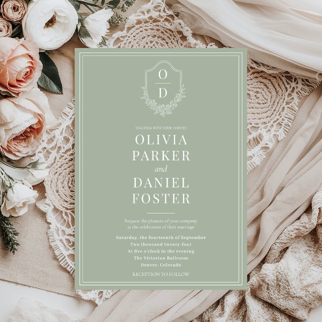 Elegant Classic Crest Sage Green Wedding Invitation (Creator Uploaded)
