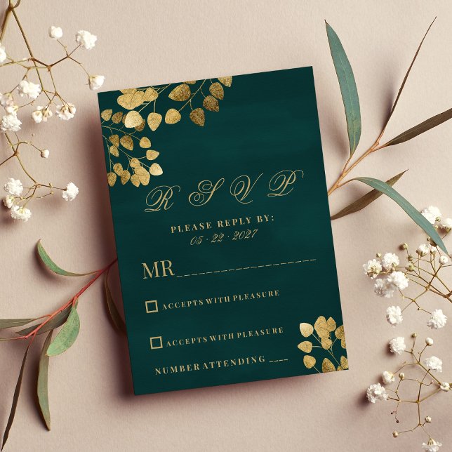 Elegant classic dark green gold eucalyptus RSVP  Invitation (Elegant classic dark green gold eucalyptus RSVP)