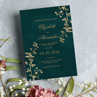  Elegant classic dark green gold floral wedding Invitation