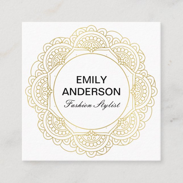 ELEGANT CLASSIC DESIGNER GOLD ORNATE FLORA MANDALA SQUARE BUSINESS CARD (Front)