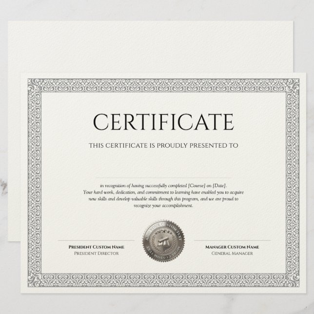 Elegant Classic Diploma Certificate silver seal Custom Letterhead (Front/Back)