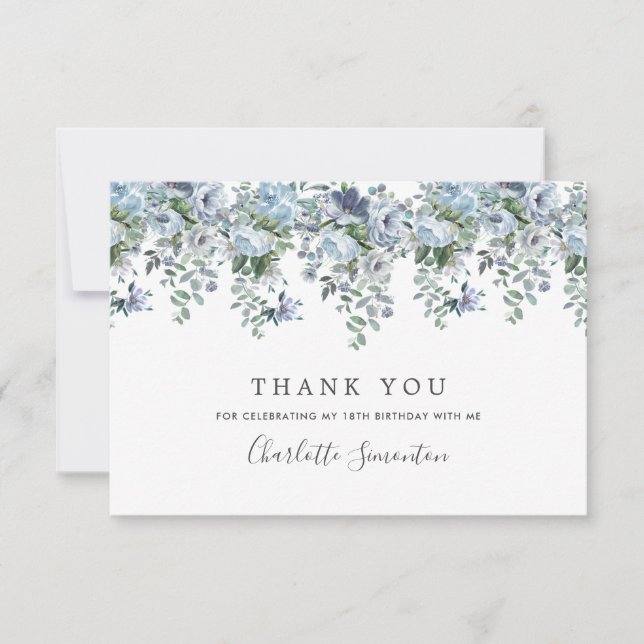 Elegant Classic Dusty Blue Floral 18th Birthday Thank You Card (Front)