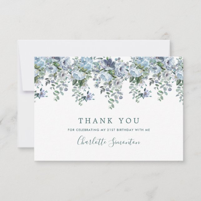 Elegant Classic Dusty Blue Floral 21st Birthday Thank You Card (Front)