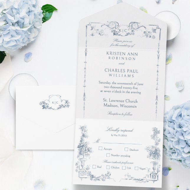 Elegant Classic Dusty Blue French Floral All In One Invitation (Creator Uploaded)