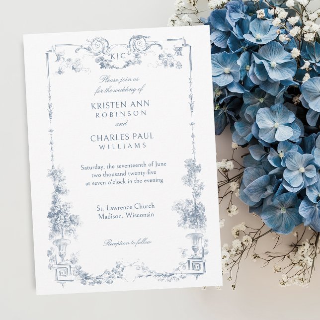 Elegant Classic Dusty Blue French Floral Invitation (Creator Uploaded)