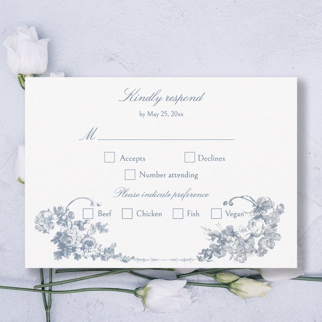 Elegant Classic Dusty Blue French Floral RSVP Card (Creator Uploaded)