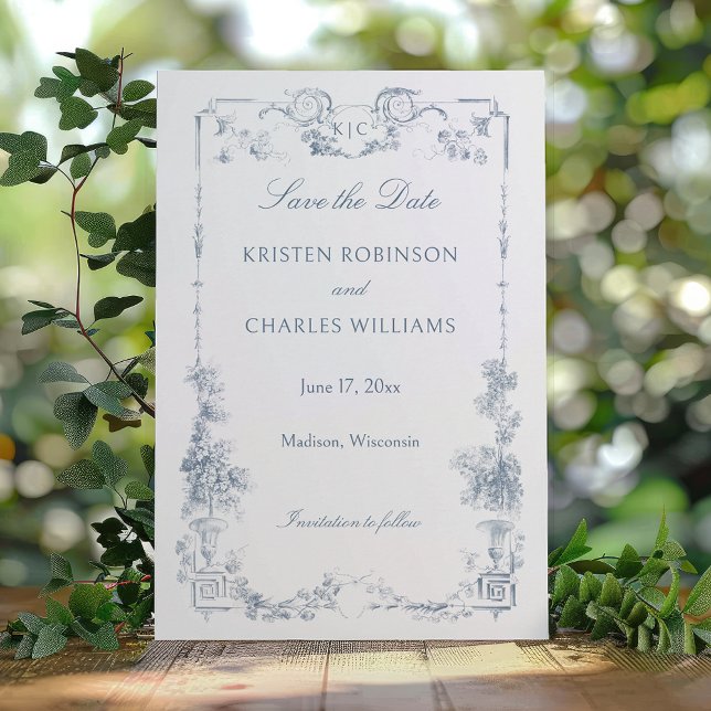 Elegant Classic Dusty Blue French Floral Save The Date (Creator Uploaded)