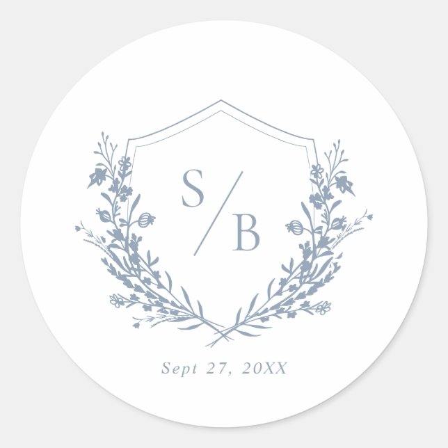 Elegant Classic Dusty Blue Monogram Crest Wedding Classic Round Sticker (Front)