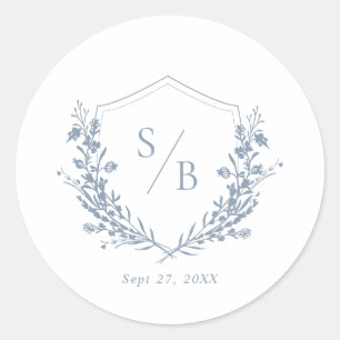 Elegant Classic Dusty Blue Monogram Crest Wedding Round Sticker