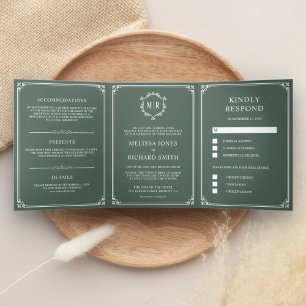 Elegant Classic Dusty Green Monogram Wedding Tri-Fold Invitation