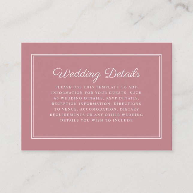 Elegant Classic Dusty Pink Wedding Detail Enclosure Card (Front)