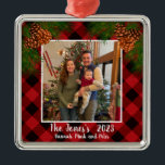 Elegant classic family photo red plaid pinecone metal tree decoration<br><div class="desc">Rustic country up-north feeling ! Red and black plaid - pine cones - holiday cheer,  elegant script calligraphy text! Customisable - change text style add your own photo,  make it your own!</div>