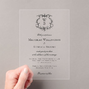 Elegant Classic Floral Crest Monogram Wedding Acrylic Invitations