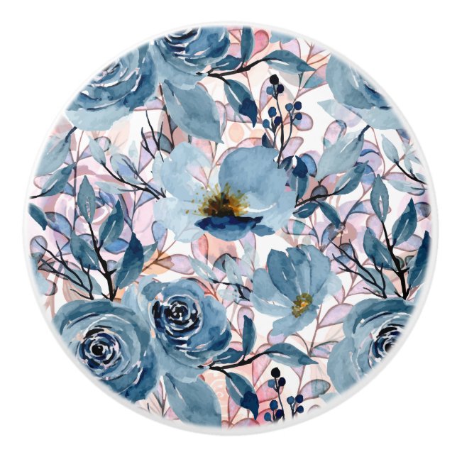 Elegant Classic Florals Blue, Mauve, Pale Pink Ceramic Knob (Front)