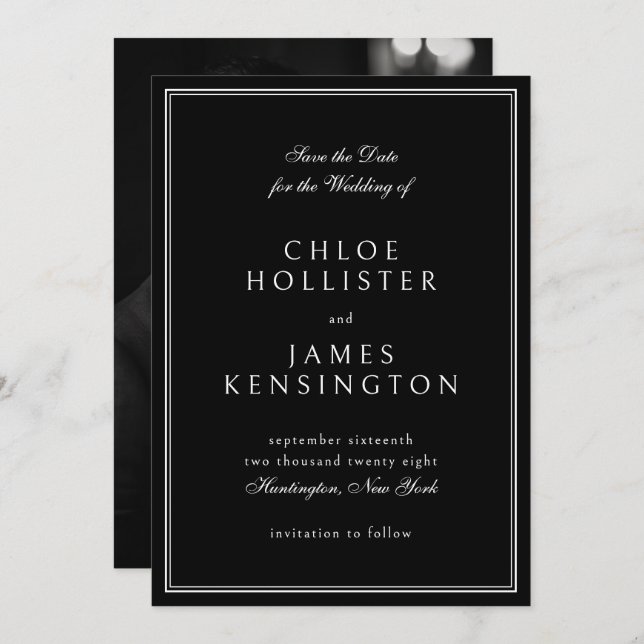 Elegant Classic Formal Black Photo Wedding Save The Date (Front/Back)