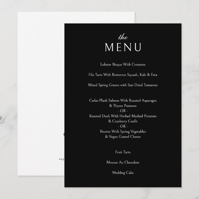 Elegant Classic Formal Black Wedding Dinner Menu (Front/Back)
