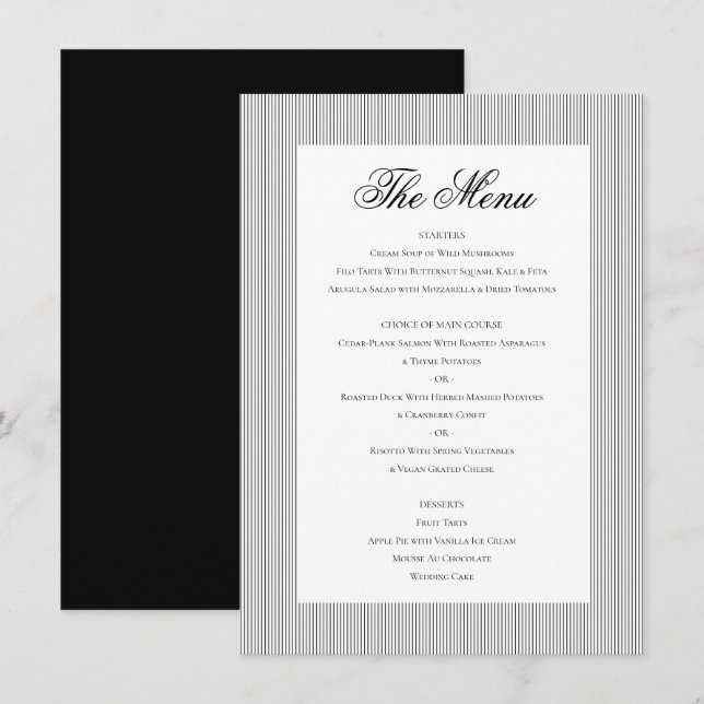Elegant Classic Formal Black White Wedding Dinner Menu (Front/Back)
