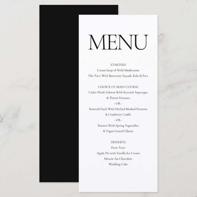 Elegant Classic Formal Black White Wedding Dinner Menu (Front/Back)