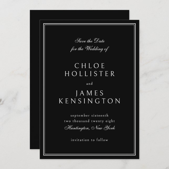 Elegant Classic Formal Black White Wedding Save The Date (Front/Back)